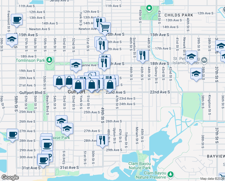 map of restaurants, bars, coffee shops, grocery stores, and more near 4701 22nd Avenue South in St. Petersburg