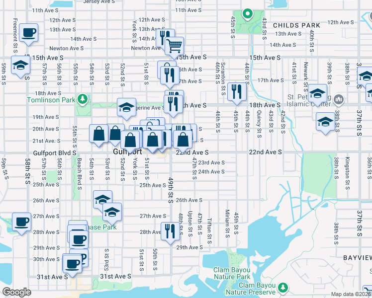 map of restaurants, bars, coffee shops, grocery stores, and more near 4701 22nd Avenue South in St. Petersburg