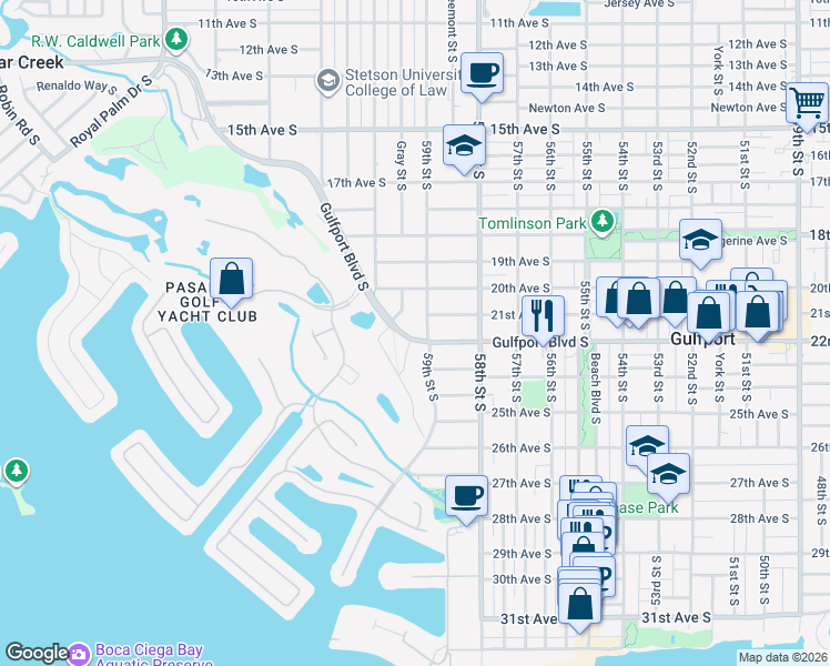 map of restaurants, bars, coffee shops, grocery stores, and more near 5905 Gulfport Boulevard South in Gulfport