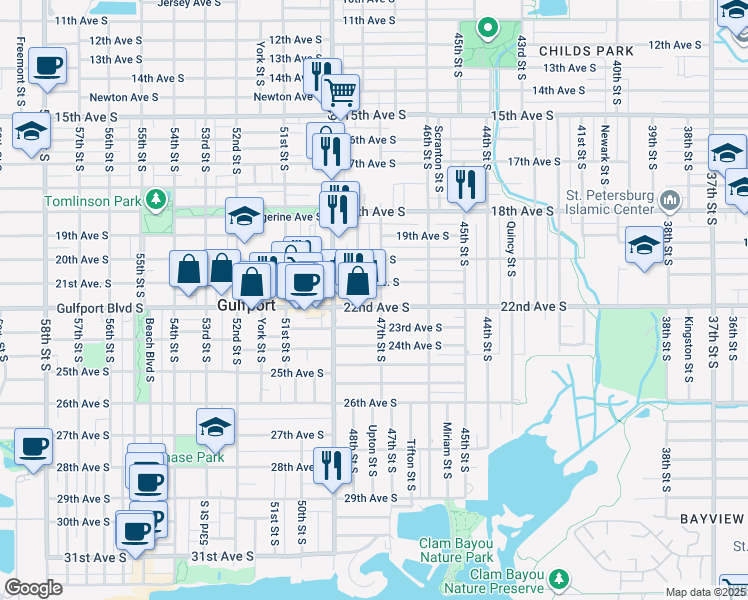 map of restaurants, bars, coffee shops, grocery stores, and more near 4701 22nd Ave S in St Petersburg