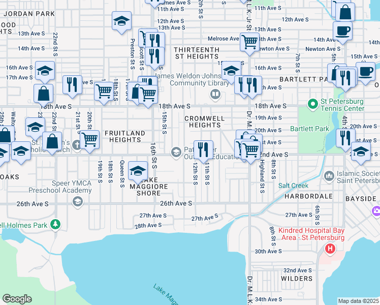 map of restaurants, bars, coffee shops, grocery stores, and more near 1247 22nd Avenue South in St. Petersburg