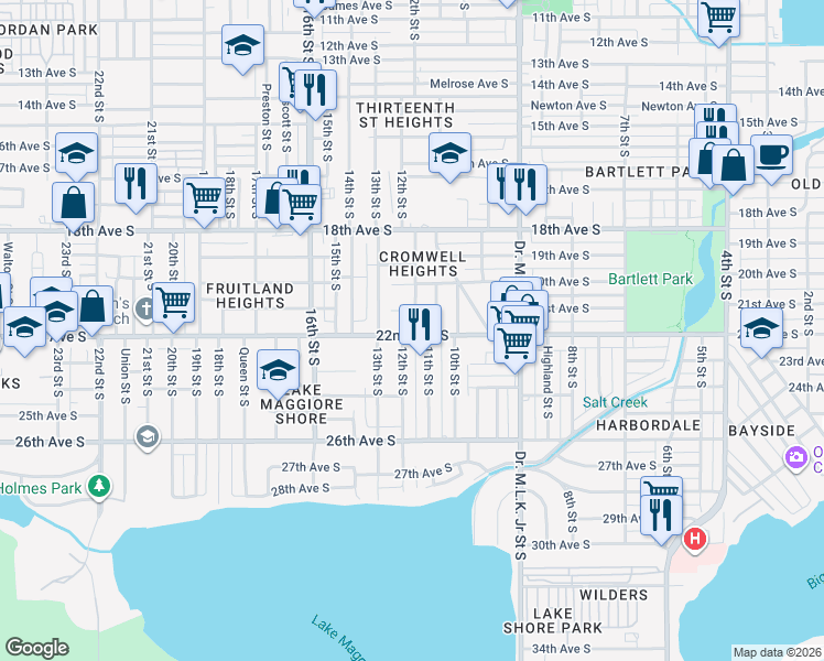 map of restaurants, bars, coffee shops, grocery stores, and more near 1247 22nd Avenue South in St. Petersburg