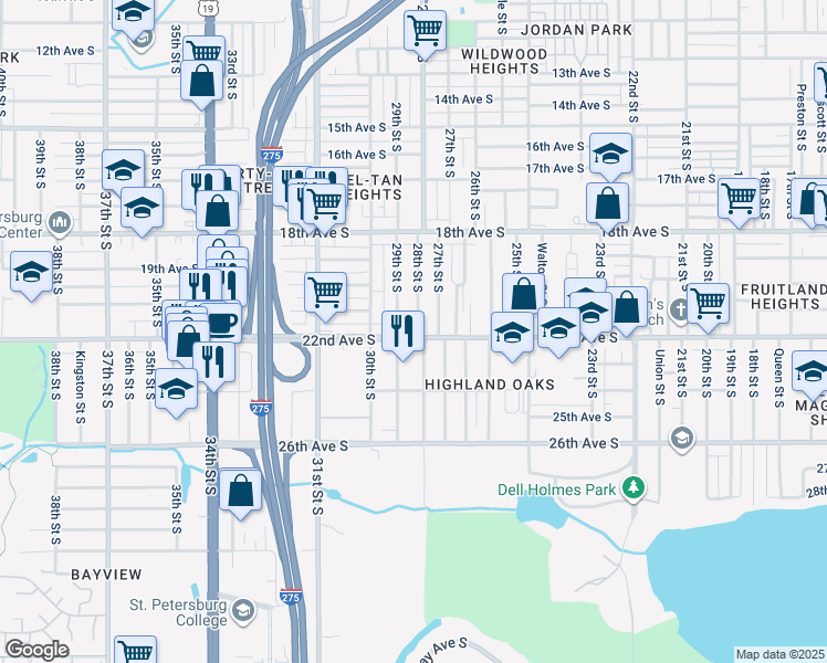 map of restaurants, bars, coffee shops, grocery stores, and more near 2721 22nd Avenue South in St. Petersburg
