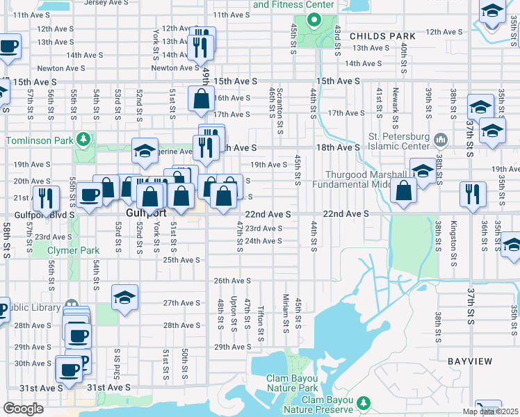 map of restaurants, bars, coffee shops, grocery stores, and more near 4601 22nd Avenue South in St. Petersburg
