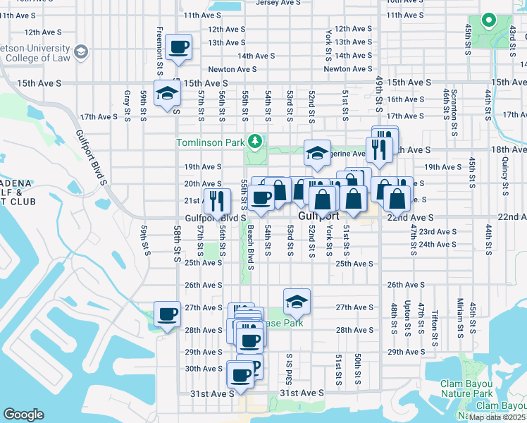 map of restaurants, bars, coffee shops, grocery stores, and more near 5409 Gulfport Boulevard South in Gulfport