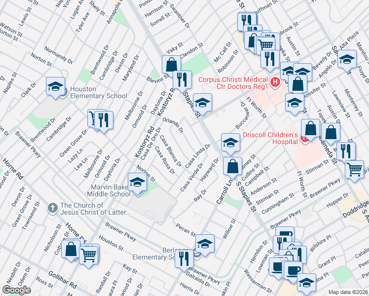 map of restaurants, bars, coffee shops, grocery stores, and more near 3321 Orlando Drive in Corpus Christi