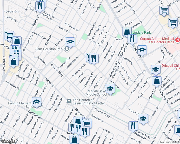 map of restaurants, bars, coffee shops, grocery stores, and more near 1512 Melbourne Drive in Corpus Christi