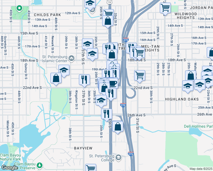 map of restaurants, bars, coffee shops, grocery stores, and more near 3425 22nd Avenue South in St. Petersburg