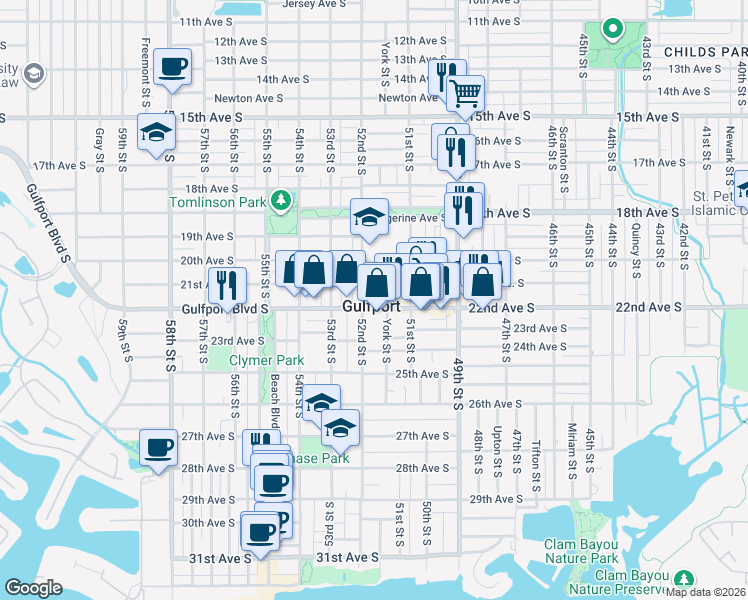 map of restaurants, bars, coffee shops, grocery stores, and more near 5137 Gulfport Boulevard South in Gulfport