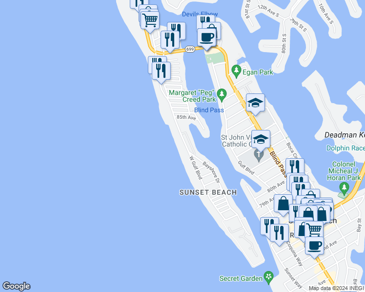 map of restaurants, bars, coffee shops, grocery stores, and more near 8470 West Gulf Boulevard in Treasure Island