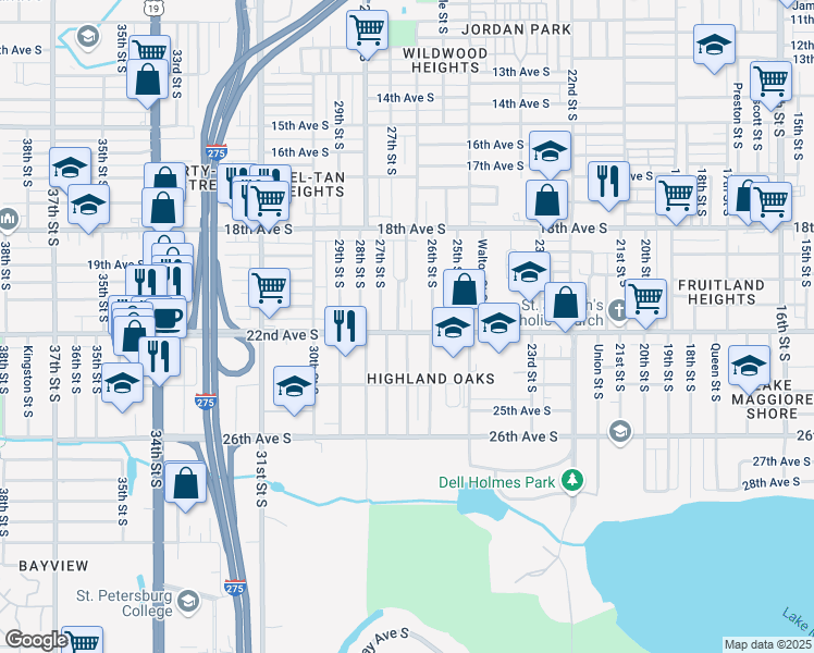 map of restaurants, bars, coffee shops, grocery stores, and more near 2645 22nd Avenue South in St. Petersburg