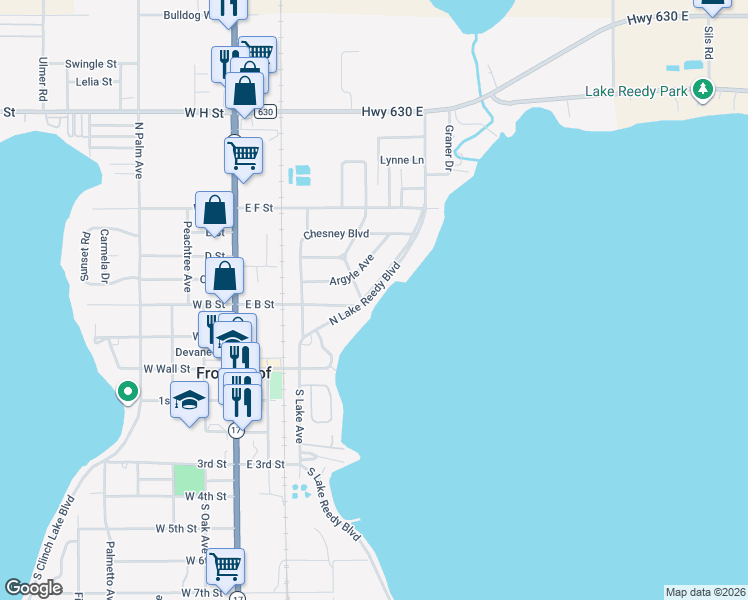 map of restaurants, bars, coffee shops, grocery stores, and more near 104 North Lake Reedy Boulevard in Frostproof