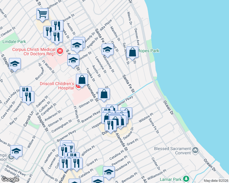 map of restaurants, bars, coffee shops, grocery stores, and more near 3630 Austin Street in Corpus Christi