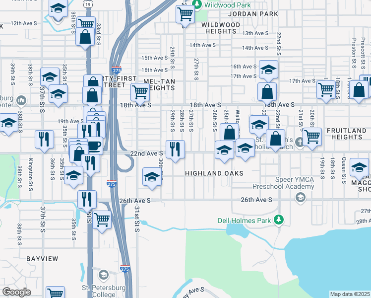 map of restaurants, bars, coffee shops, grocery stores, and more near 2721 22nd Avenue South in St. Petersburg