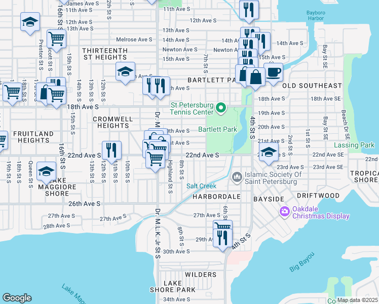 map of restaurants, bars, coffee shops, grocery stores, and more near 765 1/2 22nd Avenue South in St. Petersburg