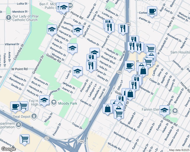 map of restaurants, bars, coffee shops, grocery stores, and more near 2125 Shirley Drive in Corpus Christi