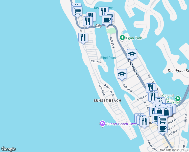 map of restaurants, bars, coffee shops, grocery stores, and more near 8470 West Gulf Boulevard in Treasure Island