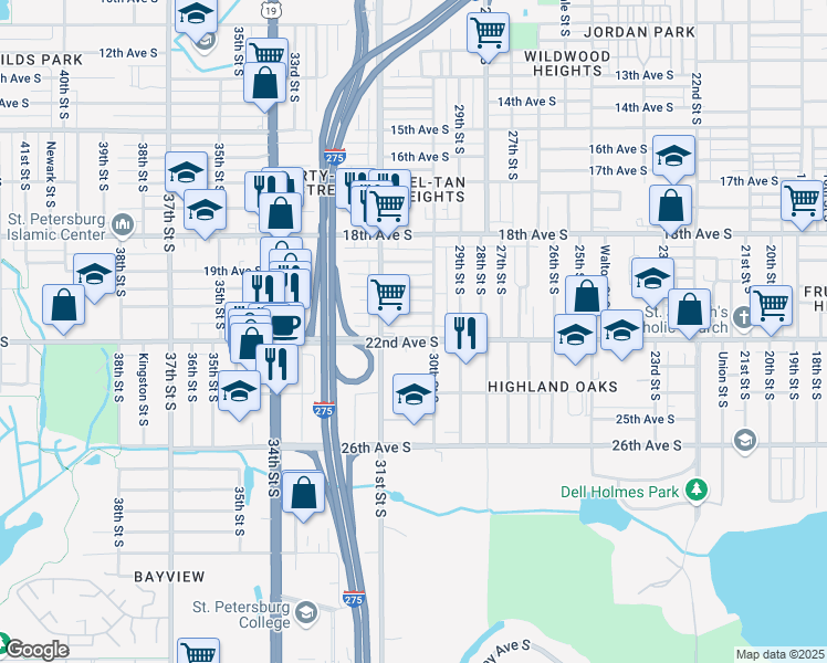 map of restaurants, bars, coffee shops, grocery stores, and more near 3035 22nd Ave S in St Petersburg