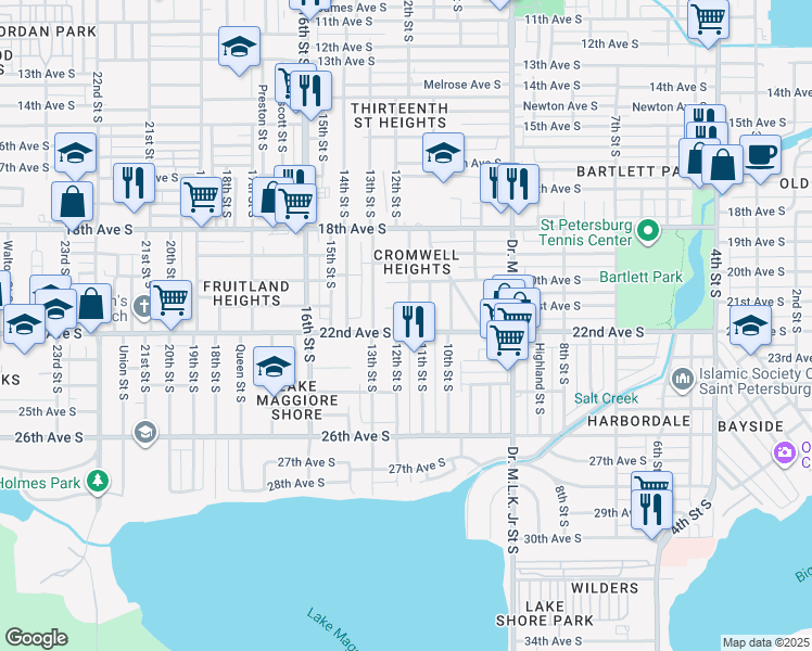 map of restaurants, bars, coffee shops, grocery stores, and more near 1247 22nd Avenue South in St. Petersburg