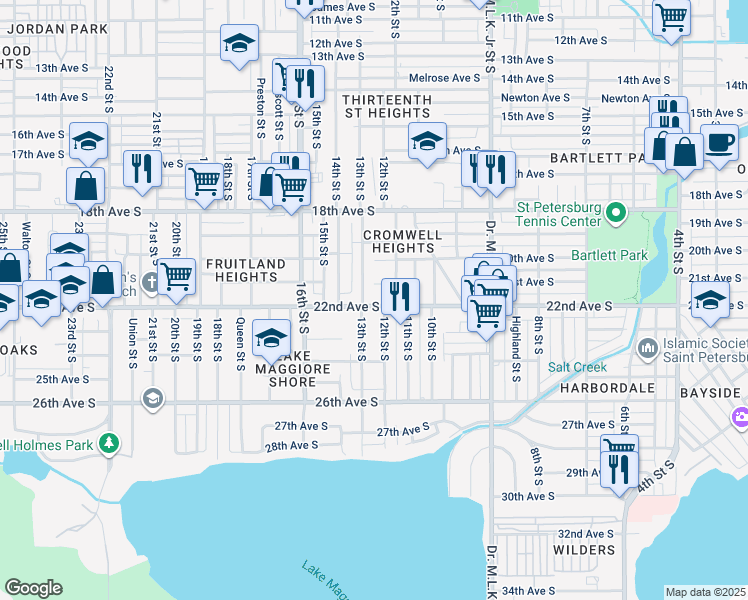 map of restaurants, bars, coffee shops, grocery stores, and more near 1247 22nd Avenue South in St. Petersburg