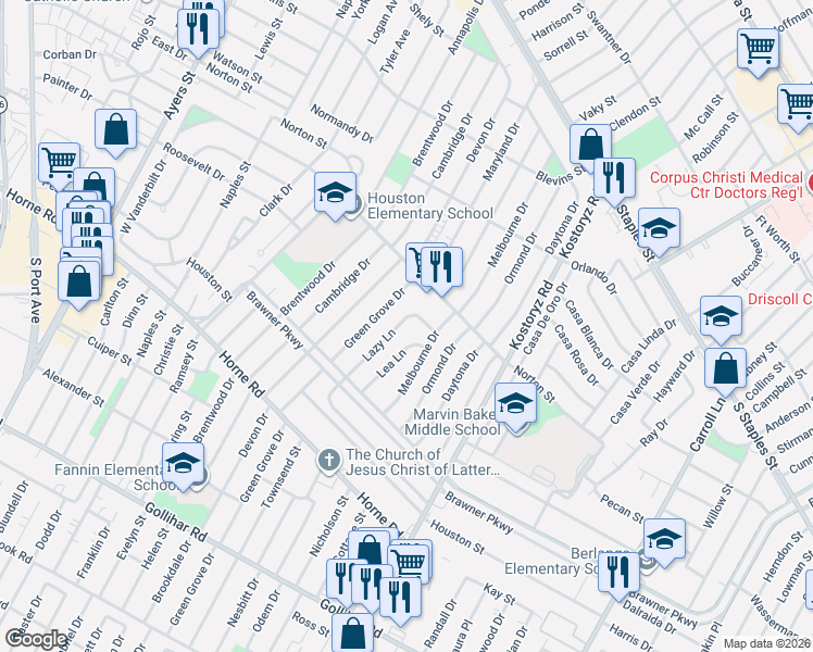 map of restaurants, bars, coffee shops, grocery stores, and more near 1538 Lazy Lane in Corpus Christi