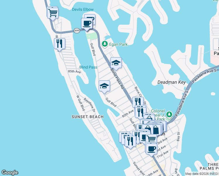 map of restaurants, bars, coffee shops, grocery stores, and more near 465 84th Avenue in St. Pete Beach