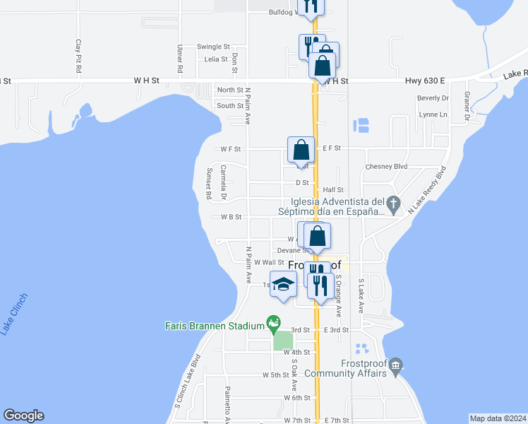 map of restaurants, bars, coffee shops, grocery stores, and more near 130 West B Street in Frostproof