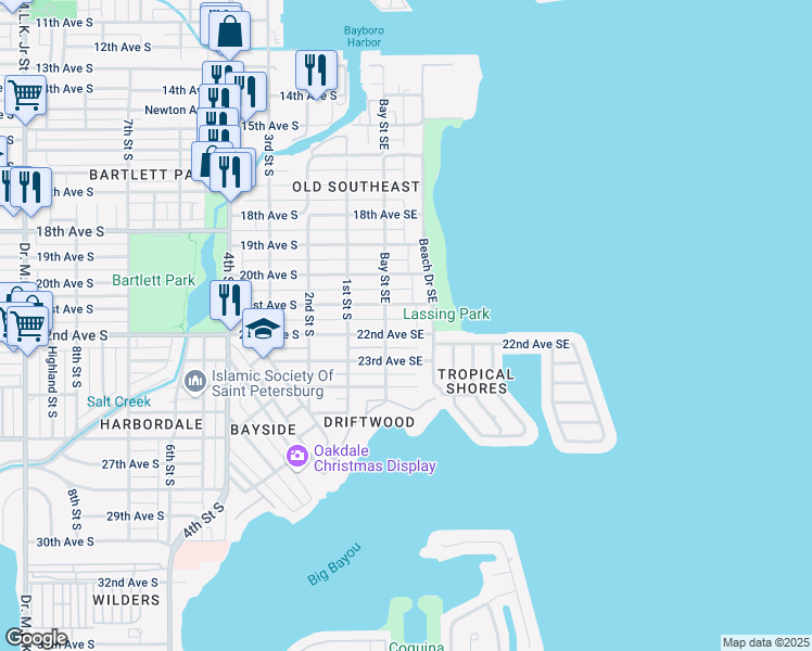 map of restaurants, bars, coffee shops, grocery stores, and more near 215 22nd Avenue Southeast in St. Petersburg