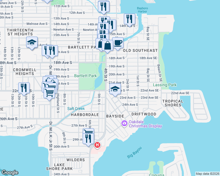 map of restaurants, bars, coffee shops, grocery stores, and more near 353 22nd Avenue South in St. Petersburg