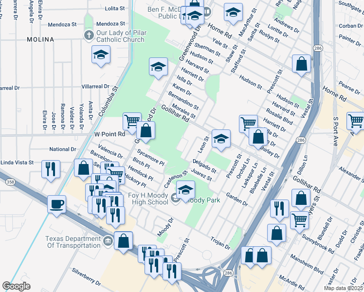 map of restaurants, bars, coffee shops, grocery stores, and more near 1758 Delgado Street in Corpus Christi