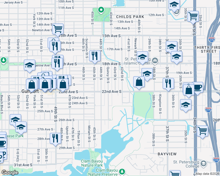 map of restaurants, bars, coffee shops, grocery stores, and more near 4331 22nd Avenue South in St. Petersburg
