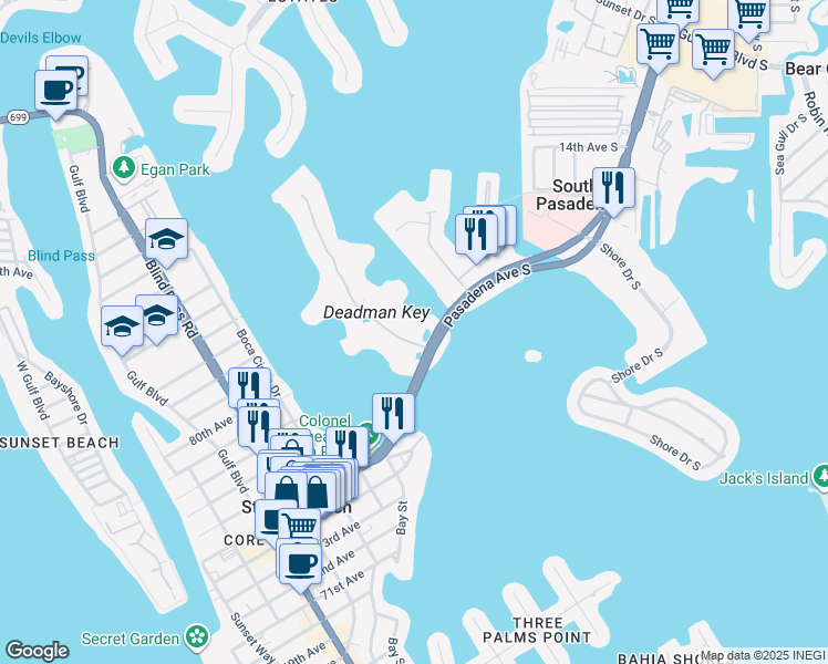 map of restaurants, bars, coffee shops, grocery stores, and more near 7871 Sailboat Key Boulevard South in South Pasadena