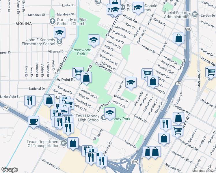 map of restaurants, bars, coffee shops, grocery stores, and more near 1758 Delgado Street in Corpus Christi