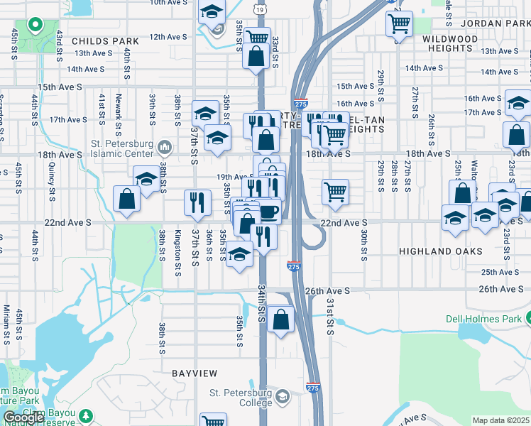 map of restaurants, bars, coffee shops, grocery stores, and more near 2168 34th Street South in St. Petersburg