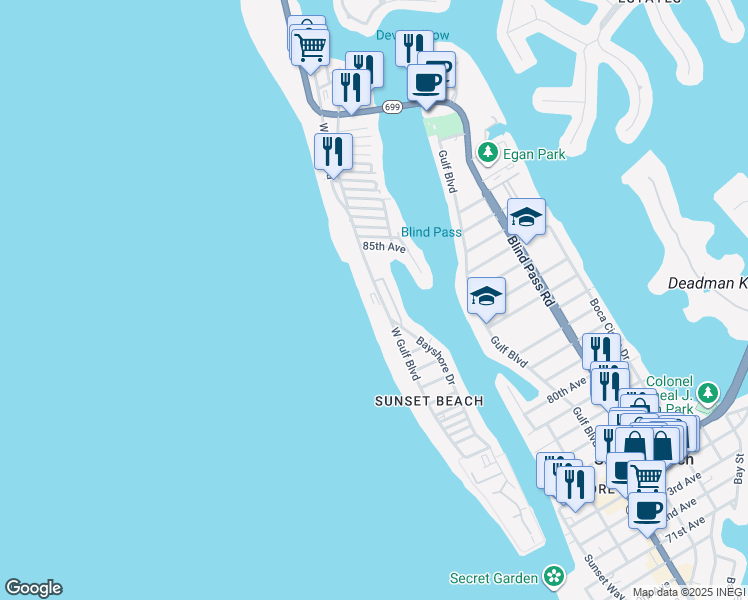 map of restaurants, bars, coffee shops, grocery stores, and more near 8470 West Gulf Boulevard in Treasure Island