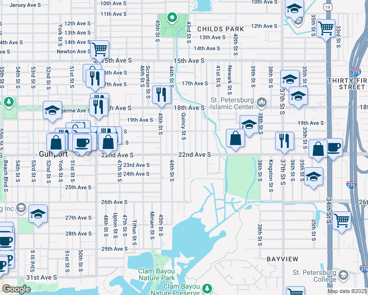 map of restaurants, bars, coffee shops, grocery stores, and more near Quincy Street South in Gulfport