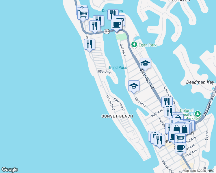 map of restaurants, bars, coffee shops, grocery stores, and more near 8455 Blind Pass Drive in Treasure Island