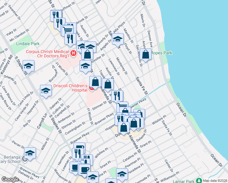 map of restaurants, bars, coffee shops, grocery stores, and more near 3608 Topeka Street in Corpus Christi