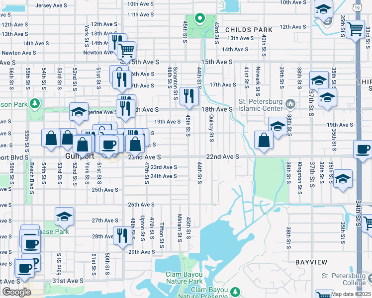 map of restaurants, bars, coffee shops, grocery stores, and more near 4551 22nd Avenue South in St. Petersburg