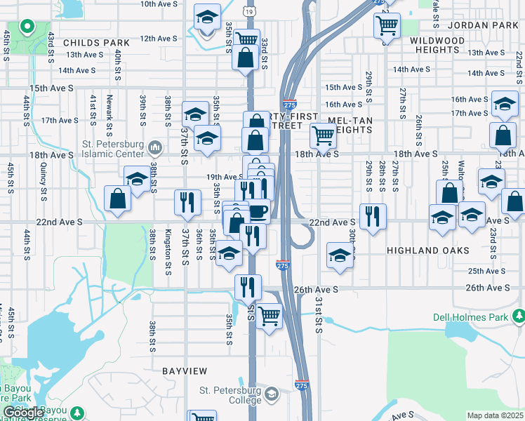map of restaurants, bars, coffee shops, grocery stores, and more near 2168 34th Street South in St. Petersburg