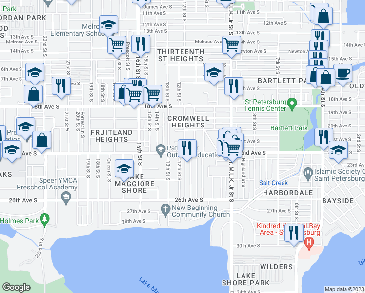 map of restaurants, bars, coffee shops, grocery stores, and more near 2111 12th Street South in St. Petersburg