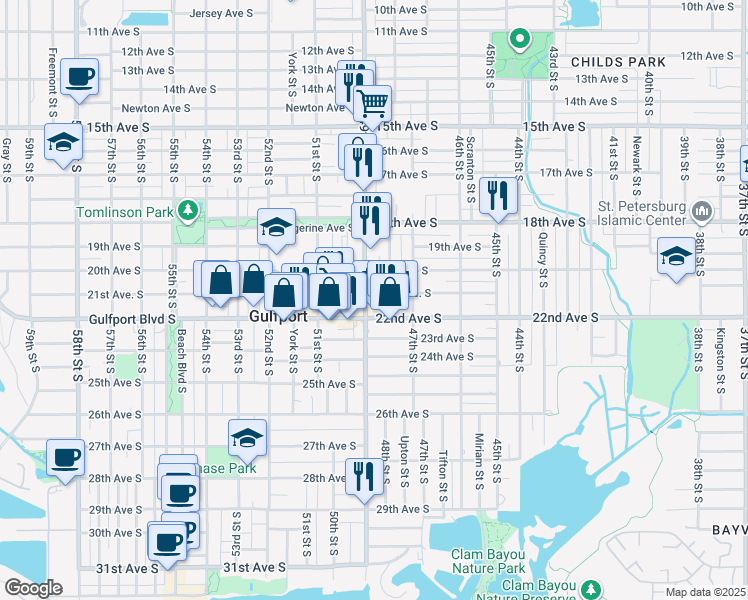 map of restaurants, bars, coffee shops, grocery stores, and more near in Gulfport