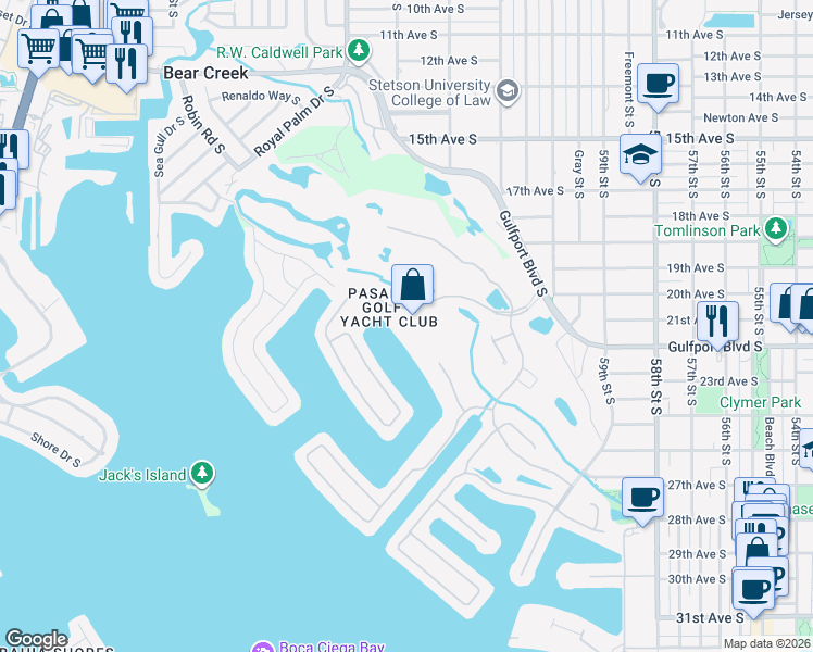 map of restaurants, bars, coffee shops, grocery stores, and more near 6300 Pasadena Point Boulevard South in Gulfport