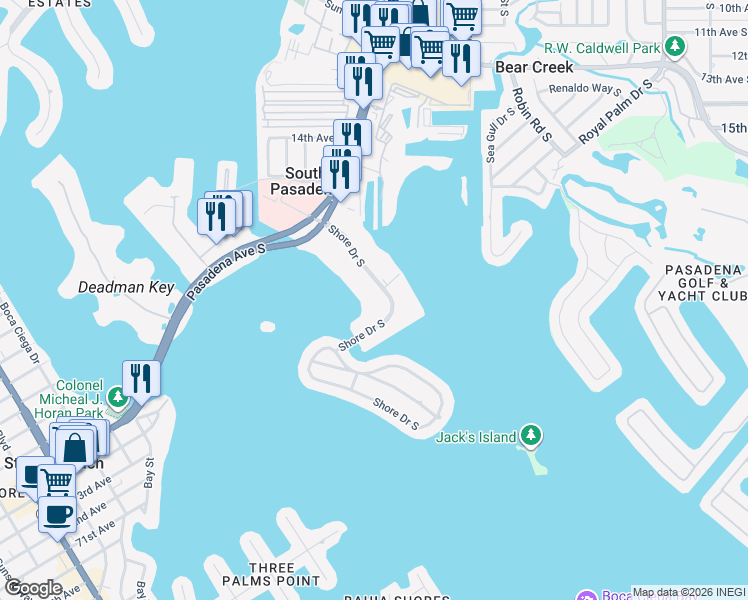 map of restaurants, bars, coffee shops, grocery stores, and more near 1898 Shore Drive South in South Pasadena