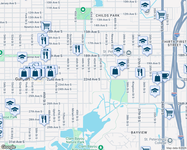 map of restaurants, bars, coffee shops, grocery stores, and more near 2109 43rd Street South in Saint Petersburg