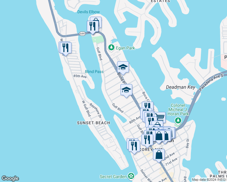 map of restaurants, bars, coffee shops, grocery stores, and more near 463 85th Avenue in Saint Pete Beach