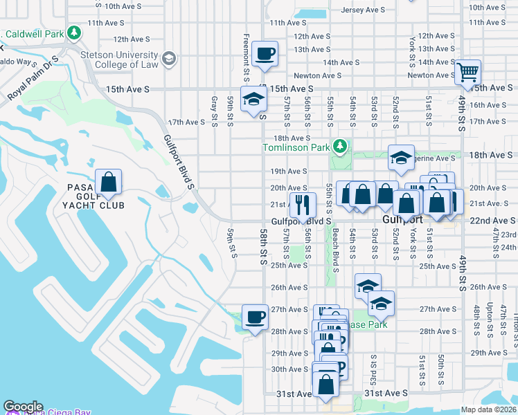map of restaurants, bars, coffee shops, grocery stores, and more near 5821 Gulfport Boulevard South in Gulfport