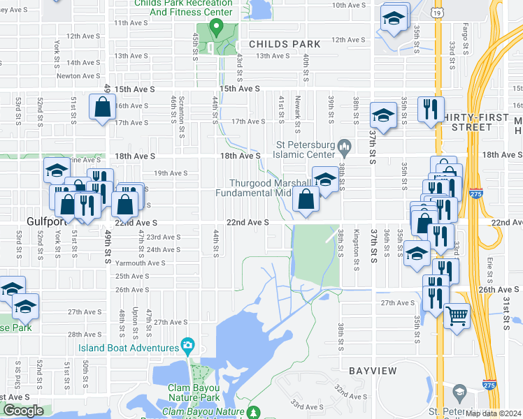 map of restaurants, bars, coffee shops, grocery stores, and more near 4227 22nd Avenue South in St. Petersburg