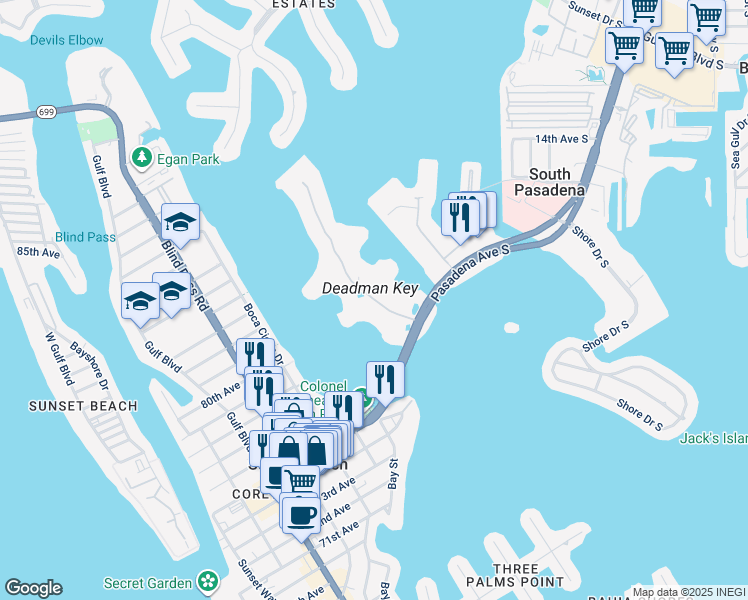 map of restaurants, bars, coffee shops, grocery stores, and more near 7882 Sailboat Key Boulevard South in South Pasadena