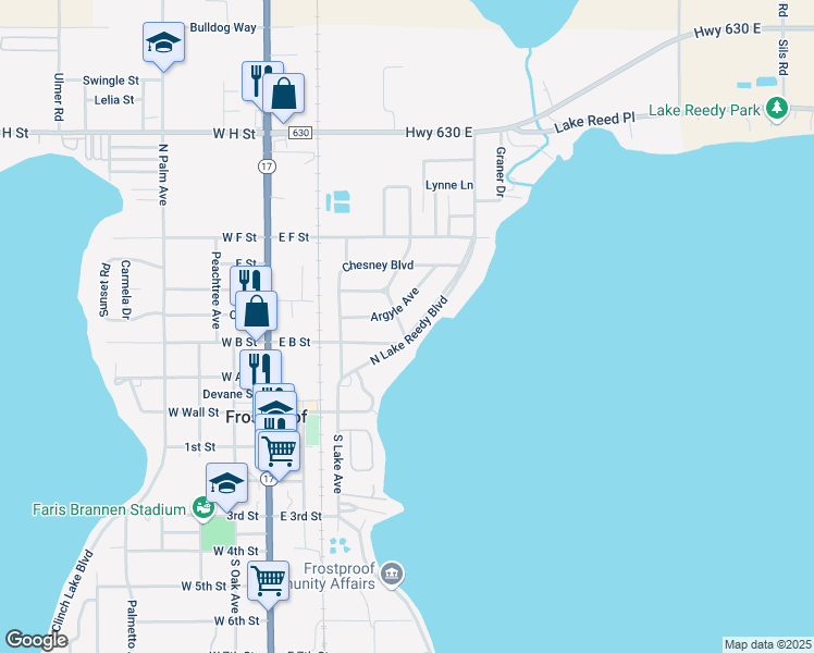map of restaurants, bars, coffee shops, grocery stores, and more near 4 Lakeview Avenue in Frostproof